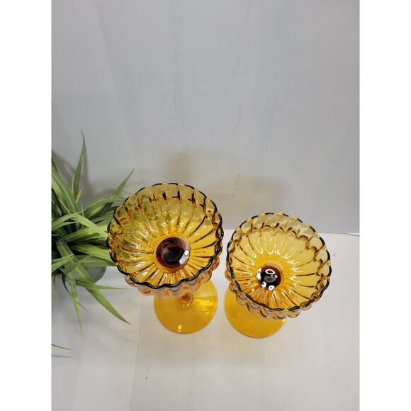 2 Vintage Amber Ribbed Stemmed Candy Dishes, Hand Blown Decor Centerpiece MCM - Picture 3 of 4